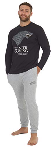 Juego de Tronos Pijama Hombre Mujer Se Acerca el Invierno, Pijamas Dos Piezas de algodón de Manga Larga Invierno, Emblemas de diseño Casas de Juego de Tronos, Regalos para Mujeres Hombres (S, Negro)