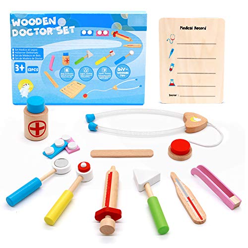 Juegos de Médicos Juguetes de Madera Médicos Set Juego para Niños y Niñas Incluye 12 Accesorios