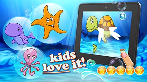 Juegos de puzle de marisco y peces en HD para niños, niños de edad preescolar y escolares con animales, peces y mariscos coloridos