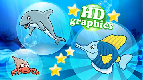 Juegos de puzle de marisco y peces en HD para niños, niños de edad preescolar y escolares con animales, peces y mariscos coloridos