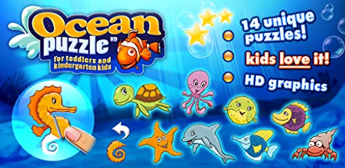 Juegos de puzle de marisco y peces en HD para niños, niños de edad preescolar y escolares con animales, peces y mariscos coloridos