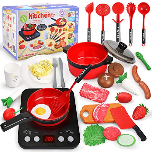 Jugar Cocina Juguete, Utensilios Cocina Juguete Pretender Juego de Ollas con Sartenes, Olla, Verduras Mini Accesorios Cocina Juguetes Regalo para Niños 3 Años(34PCS)