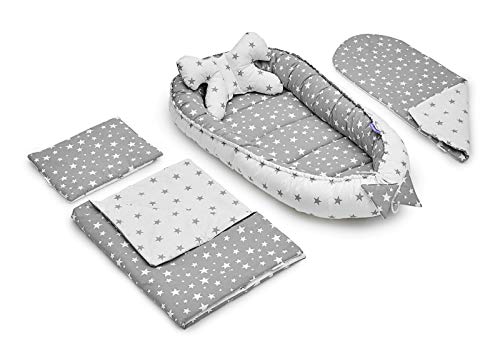 JUKKI - Conjunto de 5 piezas para bebé (nido de 50 x 90 cm, cojín de lactancia, manta, manta para bebé, almohada, nido para bebés, 100% algodón, cuna de viaje y colchón