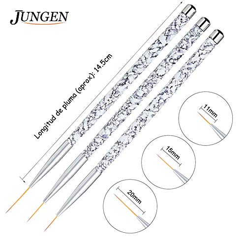 JUNGEN 3pcs Kit de decoracion de uñas Cepillo de detalle de uñas para Dibujando patrones de linea Pincel de uñas de gel con Diseño de pincel de punta Accesorios de uñas 11/15/20mm