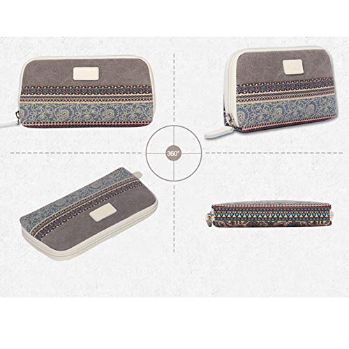 JUNGEN Monedero Estilo Etnico Vintage Billetero Grande de Mujer Cartera de Lona con Cremallera Bolsa de Almacenamiento para Telefono movil Auriculares Tarjeta (Gris)