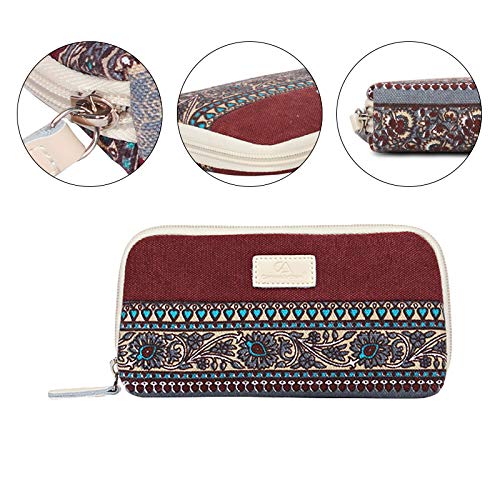 JUNGEN Monedero Estilo Etnico Vintage Billetero Grande de Mujer Cartera de Lona con Cremallera Bolsa de Almacenamiento para Telefono movil Auriculares Tarjeta (Gris)