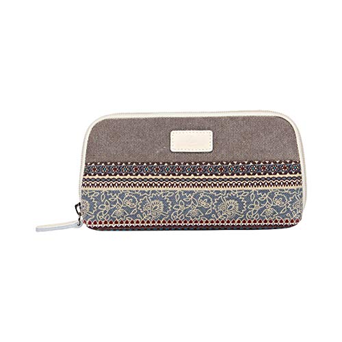 JUNGEN Monedero Estilo Etnico Vintage Billetero Grande de Mujer Cartera de Lona con Cremallera Bolsa de Almacenamiento para Telefono movil Auriculares Tarjeta (Gris)