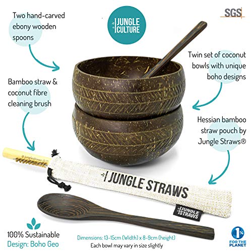 Jungle Culture® Paquete de 2 Tazones de Coco con Cucharas | Pajita de bambú, Bolsa y Cepillo de Limpieza | 100% Natural, Ecológico y Sostenible | Coconut Bowls | Eco Amigable y Hecho a Mano en Vietnam