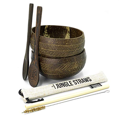 Jungle Culture® Paquete de 2 Tazones de Coco con Cucharas | Pajita de bambú, Bolsa y Cepillo de Limpieza | 100% Natural, Ecológico y Sostenible | Coconut Bowls | Eco Amigable y Hecho a Mano en Vietnam