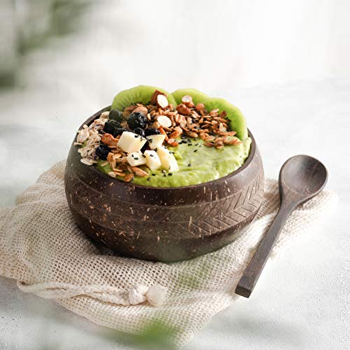 Jungle Culture® Paquete de 2 Tazones de Coco con Cucharas | Pajita de bambú, Bolsa y Cepillo de Limpieza | 100% Natural, Ecológico y Sostenible | Coconut Bowls | Eco Amigable y Hecho a Mano en Vietnam