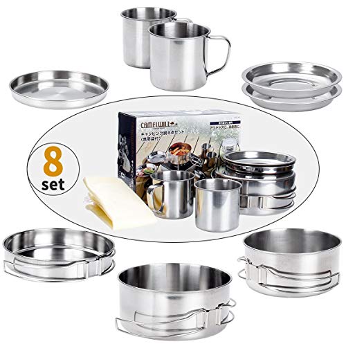 Juning 8 Piezas Utensilios de Cocina para Acampar al Aire Libre El Acero Inoxidable, Excursionismo Mochilero Kit de Cocina