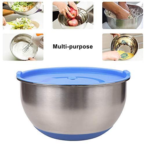 JUNING Bol de Acero Inoxidable con Tapa, 5 Piezas, Fondos de Silicona Antideslizantes