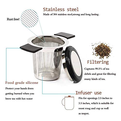 JUNSHUO Malla de Acero Inoxidable infusor de té colador de té asa de Silicona y Tapa para tazón, Doble asa y Gran Capacidad, cuelga en teteras, Tazas, Tazas para té empapado con Tapa