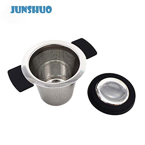 JUNSHUO Malla de Acero Inoxidable infusor de té colador de té asa de Silicona y Tapa para tazón, Doble asa y Gran Capacidad, cuelga en teteras, Tazas, Tazas para té empapado con Tapa