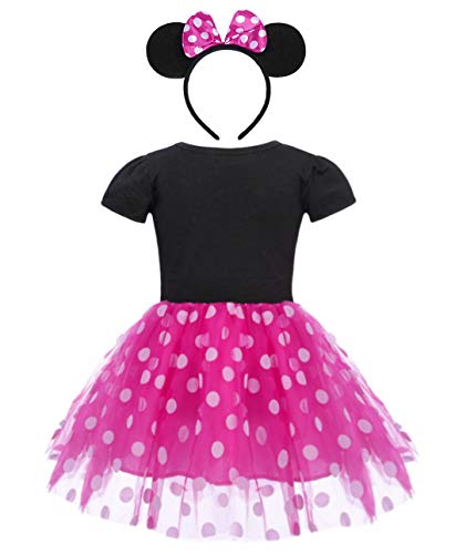 Jurebecia Vestido de Lunares + Mini Mouse Ears Diadema para niñas Princesa Bowknot Tutu Fiesta de cumpleaños Trajes 1-7 años (Rosa, 1-2 años)