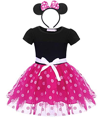 Jurebecia Vestido de Lunares + Mini Mouse Ears Diadema para niñas Princesa Bowknot Tutu Fiesta de cumpleaños Trajes 1-7 años (Rosa, 1-2 años)