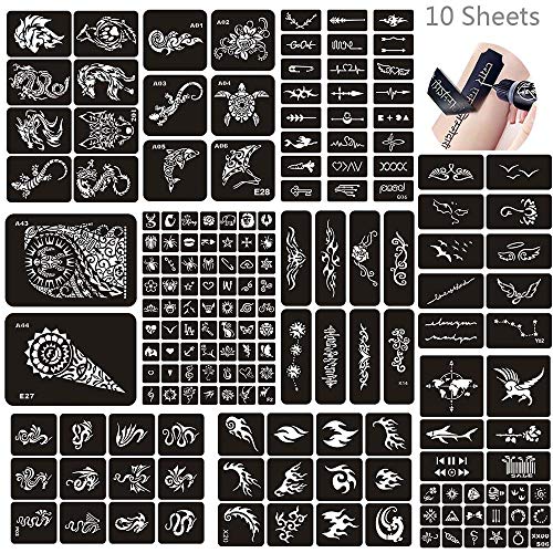 Jurxy 10 Hojas Kit de Plantilla de Tatuaje de Henna temporales Diseños de Arte Corporal Autoadhesivo Kit de Pegatinas Reutilizables - Varios Patrones para Adultos Hombre Mujeres Niños- 007