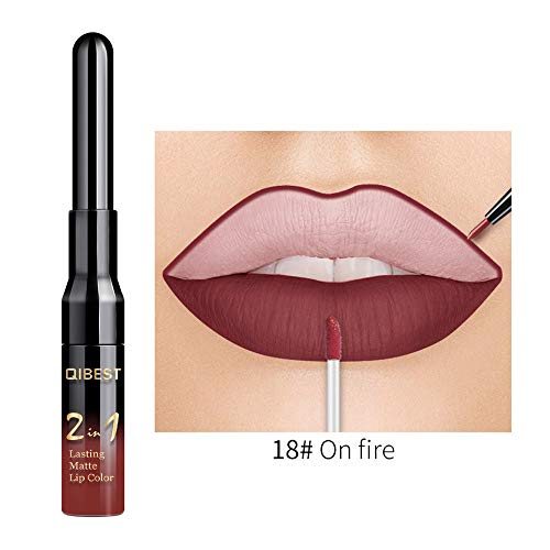 JUTOO Brillo labial dos en uno + delineador de labiosQIBEST Perfilador de labios duradero de doble punta Lápiz delineador de labios a prueba de agua Brillo de labios