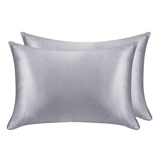 juwenin - Funda de almohada de seda para cuidado del pelo y rostro, para prevenir las arrugas, cremallera oculta, 2 unidades, poliéster Poliéster. raso seda sintética, Gris, Estándar
