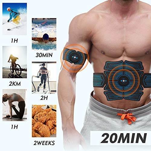 JuYue Estimulador Muscular Abdominales, Electroestimulador Muscular USB Recargable, ABS Abdominales Electroestimulacion para Bdomen/Brazo/Piernas/Glúteos con 14pcs Gel Pads