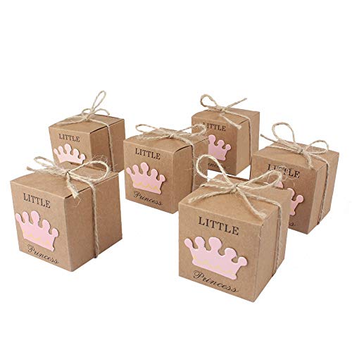 JZK 50 x Little Princess cajitas regalo papel kraft marrón cajas de detalle para niña baby shower fiesta cumpleaños bautizo niños fiesta recién nacida