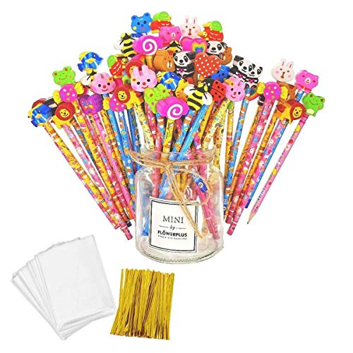 JZK Set 50 lápiz de madera con goma lápices grafito con borrador para niños infantiles fiesta regalo cumpleaños navidad bautizo comunión premios escolares