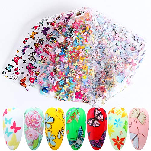 Kalolary 10 Farbe Papel Nail Foil Transfer Nails Glitter Set Papel Transferencia Foil Flor de Mariposa Uñas Holográfico Nail Stickers para DIY Arte de Uñas