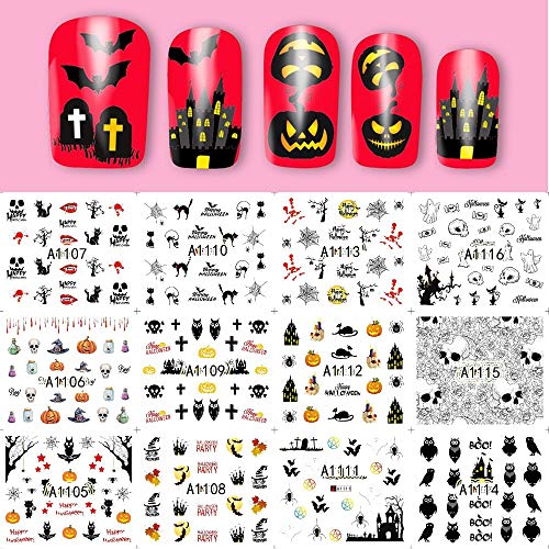 Kalolary 48 Piezas Halloween Pegatinas Uñas al Agua Decorativas Flores Pegatinas Transferencia Agua Calcomanías Uñas Etiquetas Engomadas para DIY Decoración de Arte de Uñas Patrón