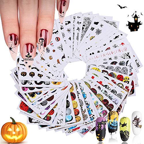 Kalolary 48 Piezas Halloween Pegatinas Uñas al Agua Decorativas Flores Pegatinas Transferencia Agua Calcomanías Uñas Etiquetas Engomadas para DIY Decoración de Arte de Uñas Patrón
