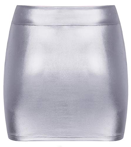 Kate Kasin Faldas Cortas de líquido Brillante para Mujer Faldas de Tubo Falda de Cuero Ropa de Club Plata # 858 S