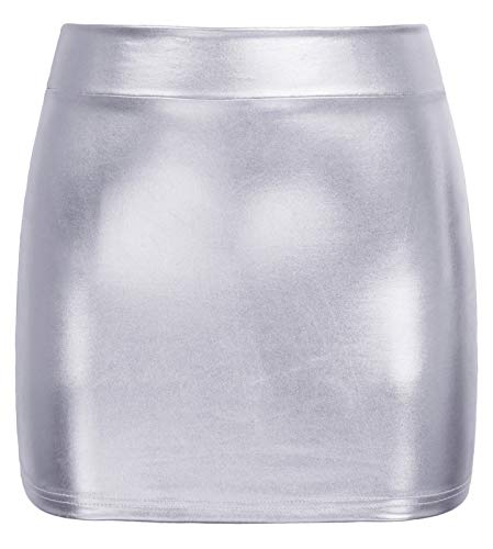 Kate Kasin Faldas Cortas de líquido Brillante para Mujer Faldas de Tubo Falda de Cuero Ropa de Club Plata # 858 S