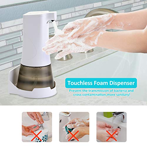 KATELUO Dispensador de Jabón Automático 350ML, Dispensador de Jabón Espuma Sin Contacto, Dispensador de Jabón con Sensor Infrarrojo para Cocina Oficina Baño Hotel (Blanco+Gris)