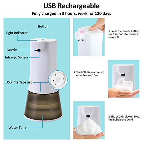 KATELUO Dispensador de Jabón Automático 350ML, Dispensador de Jabón Espuma Sin Contacto, Dispensador de Jabón con Sensor Infrarrojo para Cocina Oficina Baño Hotel (Blanco+Gris)