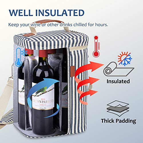 Kato Tirrinia - Bolsa térmica con 4 botellas de viaje acolchada para vino con asa y correa ajustable para el hombro, ideal como regalo para amantes del vino, a rayas