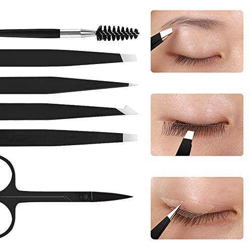 KDWOA Pinzas Cejas Profesional, Pinzas Depilar Cejas, Tijeras para Cejas, Cepillo De Cejas Y Peine, 6 Piezas Kit Cejas Tijeras Barba, Herramienta de Belleza Diaria - Negro