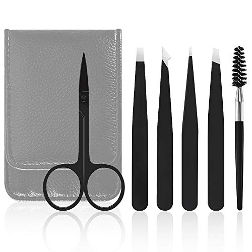 KDWOA Pinzas Cejas Profesional, Pinzas Depilar Cejas, Tijeras para Cejas, Cepillo De Cejas Y Peine, 6 Piezas Kit Cejas Tijeras Barba, Herramienta de Belleza Diaria - Negro