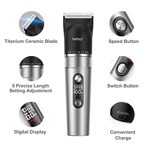 Kebor Cortapelos para Hombres, Juego de Recortador Eléctrico sin Cable con Batería de Litio Recargable, Pantalla LED, Base de Carga, con Aceite de peluquería, KF-T113