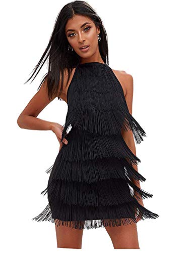 keland - Vestido Gatsby Vestido con borlas para Mujer, sin Mangas, Vestido con Franja Vestidos Cortos de Fiesta (Negro, M)