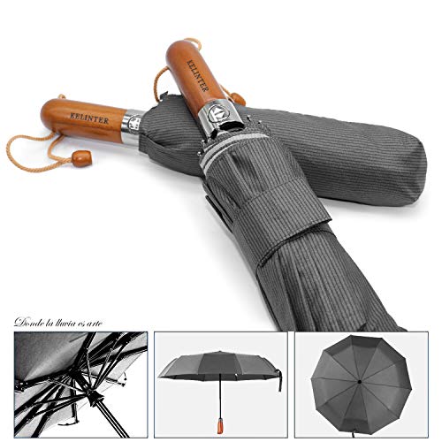 Kelinter Paraguas Plegable Mujer - Tela de Teflon Resistente, Impermeable y Protección del Sol - Botón Único - Resistencia Antiviento Fuerte, Mango de Madera Antideslizante - Clasico y Elegante (Gris)