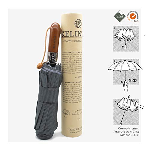 Kelinter Paraguas Plegable Mujer - Tela de Teflon Resistente, Impermeable y Protección del Sol - Botón Único - Resistencia Antiviento Fuerte, Mango de Madera Antideslizante - Clasico y Elegante (Gris)