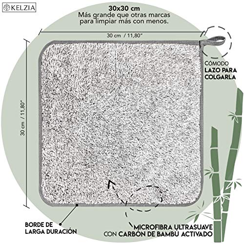 Kelzia Toallas Desmaquillantes Reutilizables - de CARBÓN ACTIVO de BAMBÚ y Microfibra (Pack de 2) Lavable-Todo Tipo de Pieles-ECO Facial MakeUp Removers