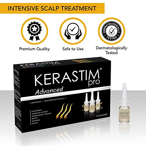 Kerastim Pro Tratamiento avanzado anticaída del cuero cabelludo para hombres y mujeres (15 ampollas) Suero para el crecimiento y engrosamiento del cabello para cabello dañado y adelgazado Biotina