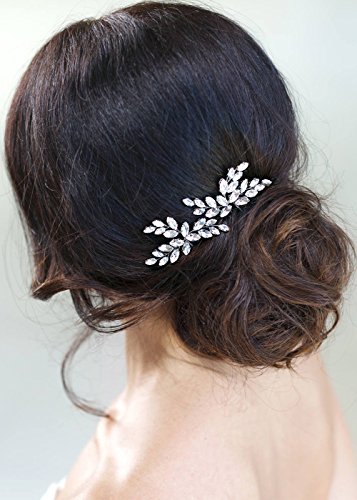 Kercisbeauty Horquillas para el cabello decoradas con una hoja plateada adornada con cristales, estilo nupcial, vintage, accesorio de regalo para boda, juego de 2 unidades