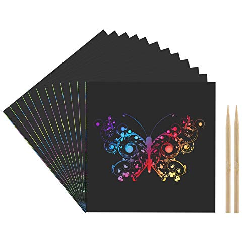 Kesote 100 Hojas Papel de Rascar + 2 Plumas de Bambú Tablero de Dibujo de Rascar de Arco Iris Papel de Scratch Hojas Desmontables para Notas, Dibujos, Juegos