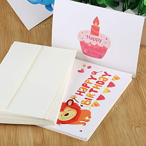 Kesote Conjunto de 24 Tarjeta de Cumpleaños Tarjeta de 6 Estilos de Lindos Dibujos de Elefante, León, Globos, Unicornio, Pastel y Happy Birthday 24 Tarjeta de Cumpleaños para Niños