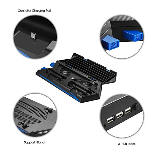 Keten PS4 Slim / PS4 Soporte Vertical con Ventilador 2 en 1, Puerto de carga, Almacenamiento para Juegos y Puerto con 3 Espacios para USB - An área Todo en Uno para Sus Necesidades de Juego
