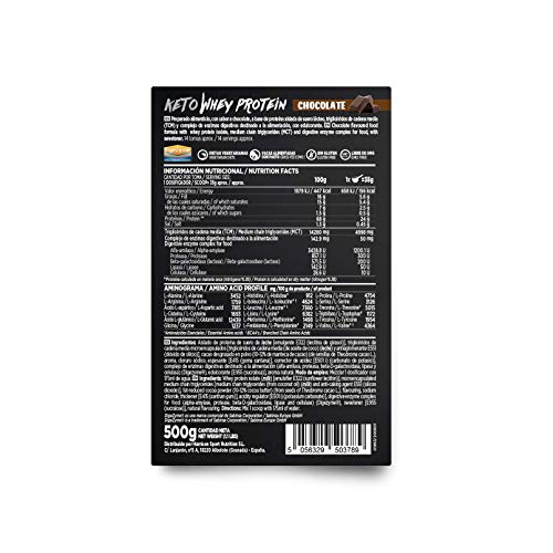 Keto Whey Protein | Aislado de Suero CFM + Aceite MCT de Coco + Enzimas Digestivas Digezyme | Grass-Fed | Apto Vegetariano, Sin Gluten, Sabor Chocolate, 500 gr