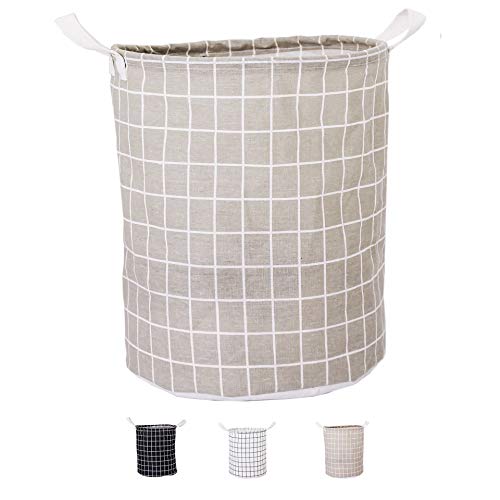 Kewayer Cestas para Ropa Sucia Grandes, Cesta de Lavandería de Almacenamiento Plegable de Lino de Algodón Redondo Impermeable (Beige)