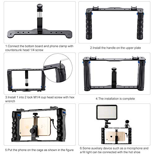 K&F Concept - Soporte Estabilizador de Smartphone para Grabar Video con Asa Compatible con Micrófono, LED Luz, Apple iPhone Samsung y Todos los teléfonos
