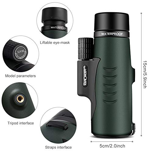 K&F Concept Telescopio Monocular 12 x 50 HD Nitrógeno IP68 Impermeable Spotting Scope Monculares Portátil Telescopio con Clip de teléfono para la observación de Animales o Aves/Viajes de Caza